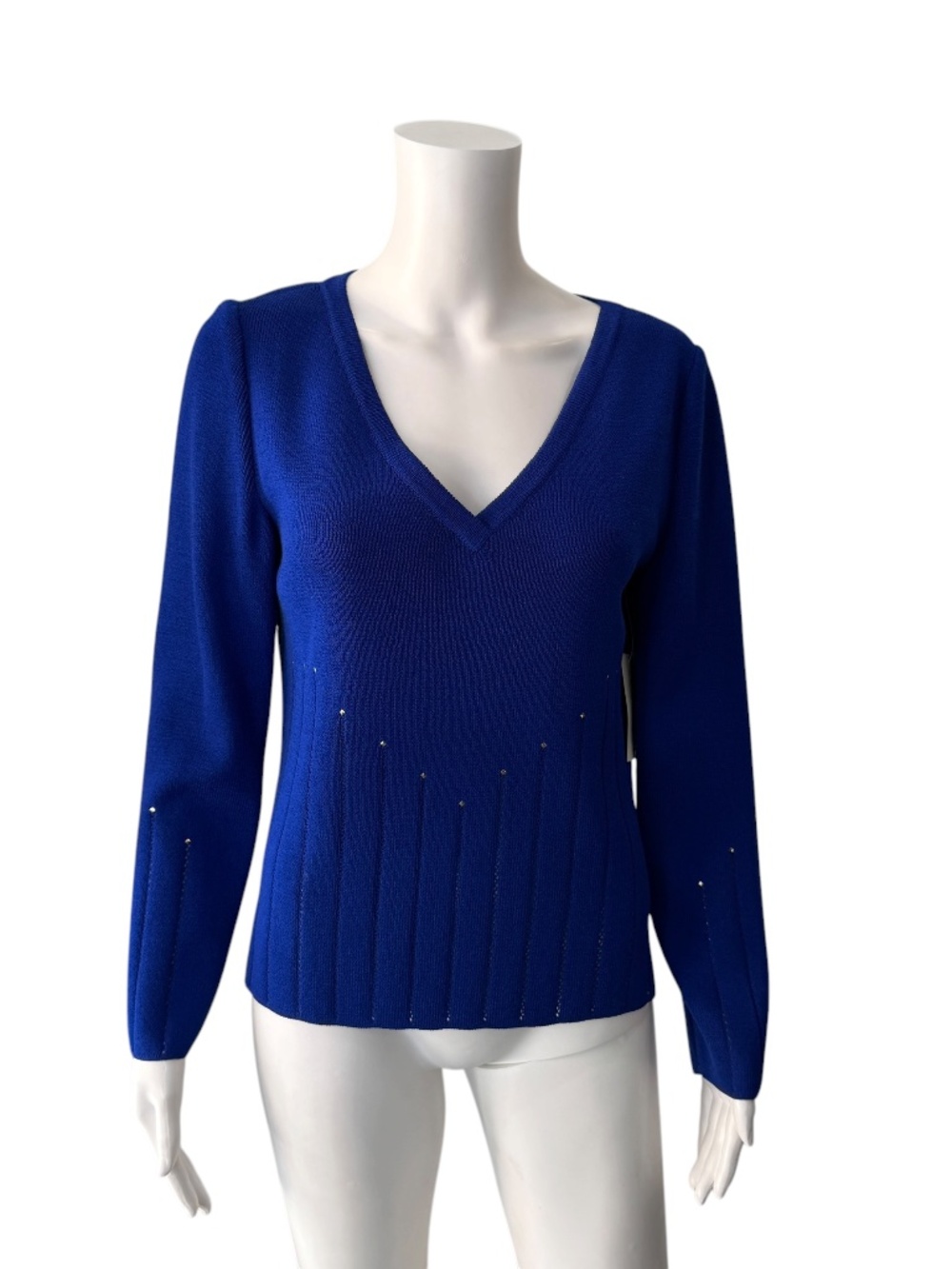 NWT $325 St. John Collection Marine Blue V-Neck Sweater With Gold Studs Size 6